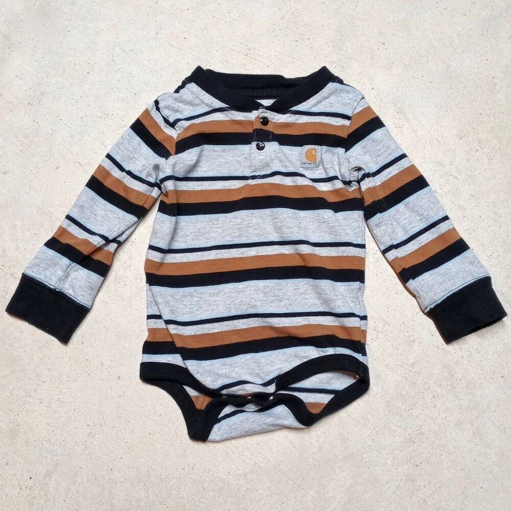 Carhartt Baby One Piece Bodysuit Size 12M Gray Black Striped Long Sleeve
